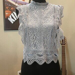 Lucy Paris Light Blue Lace High-Neck Sleeveless Top